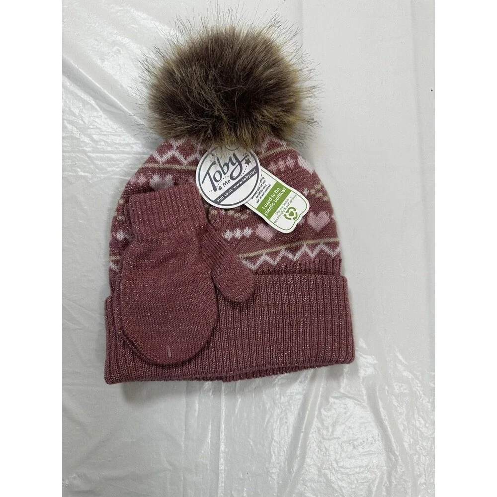 Toby And Me Pink Knitted Winter Beanie Hat with Mittens Infant Girls